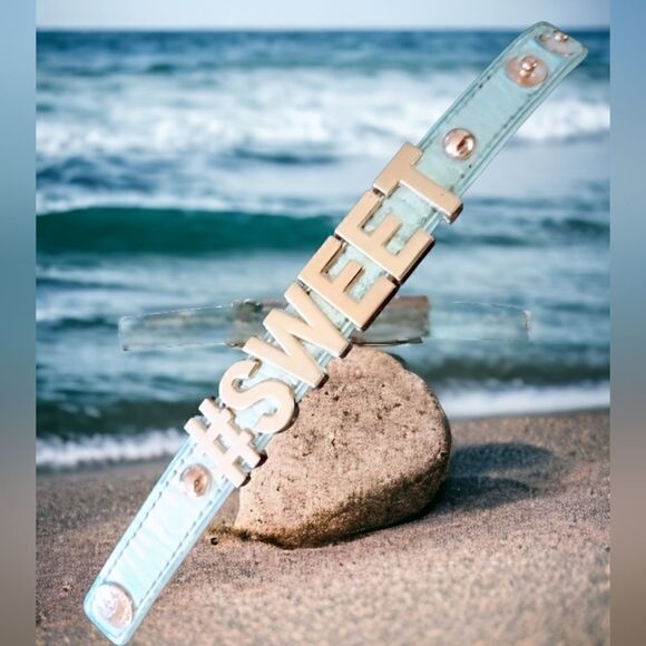 CUFF BCBG SILVER LEATHER 3/4" "#SWEET" ROSE GOLD Tone SLIDE Letters 7-7 1/2" - Picture 7 of 13